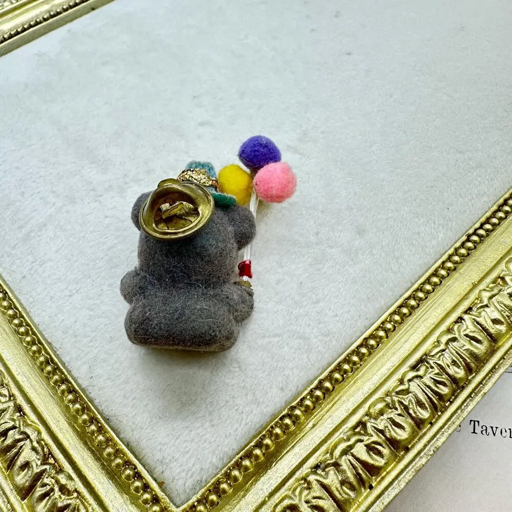Vintage 80s brown flocked birthday bear pin hat and balloons brooch